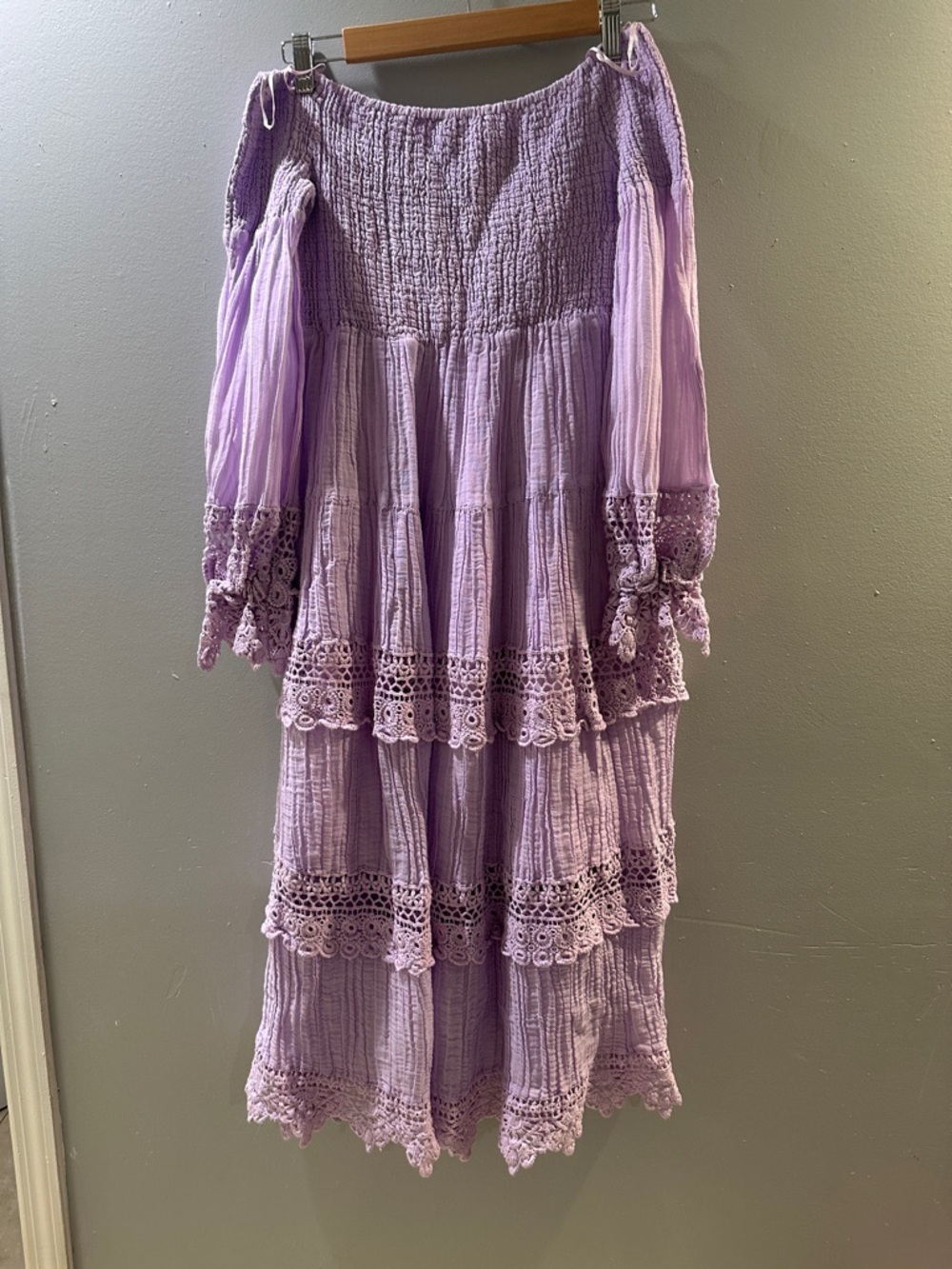 Guess Lilac Tiered Off-Shoulder Maxi Dress with Lace Trim